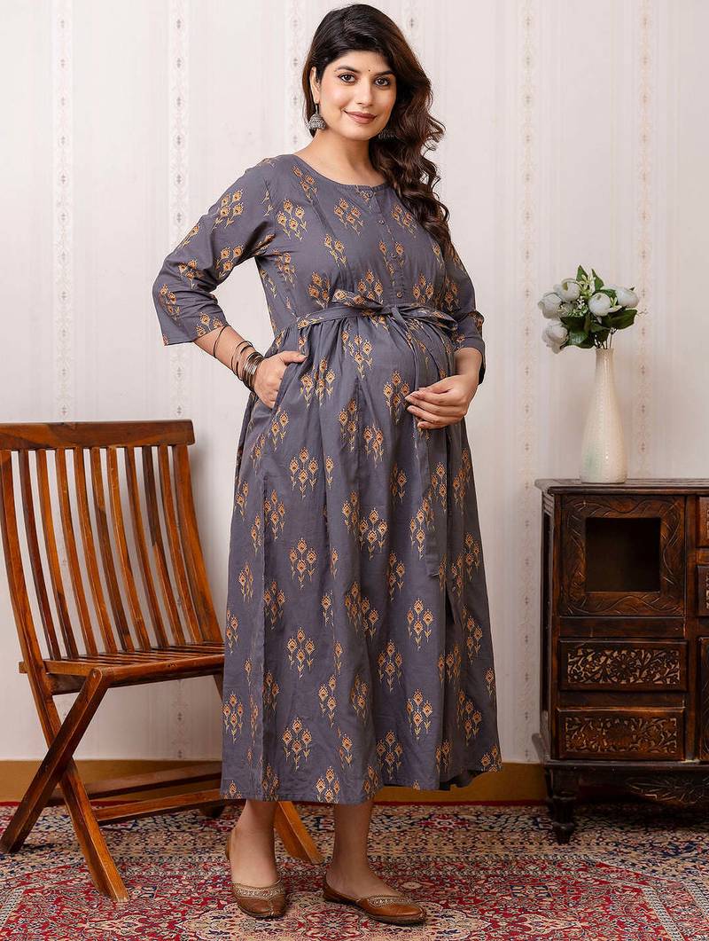 Grey cotton printed maternity dress for women