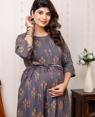 Grey cotton printed maternity dress for women 3