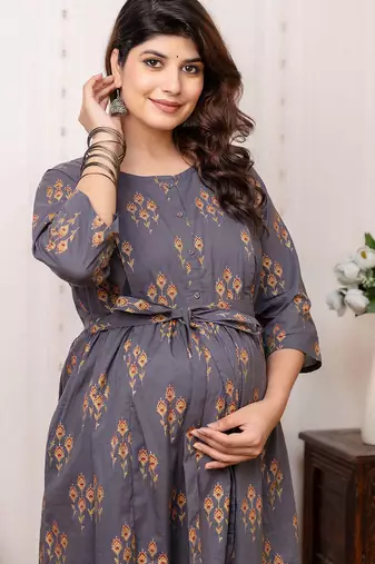 Grey cotton printed maternity dress for women