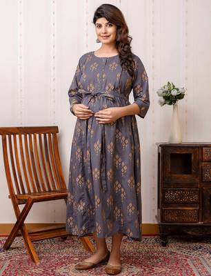 Grey cotton printed maternity dress for women 4