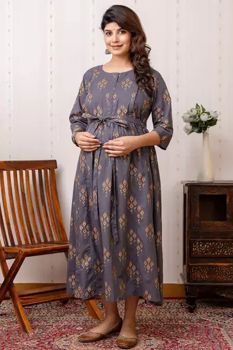 Grey cotton printed maternity dress for women