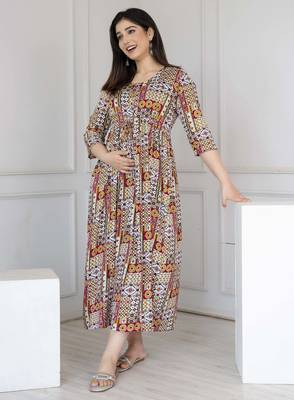 Grey cotton printed maternity dress for women 5