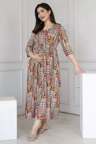 Grey cotton printed maternity dress for women