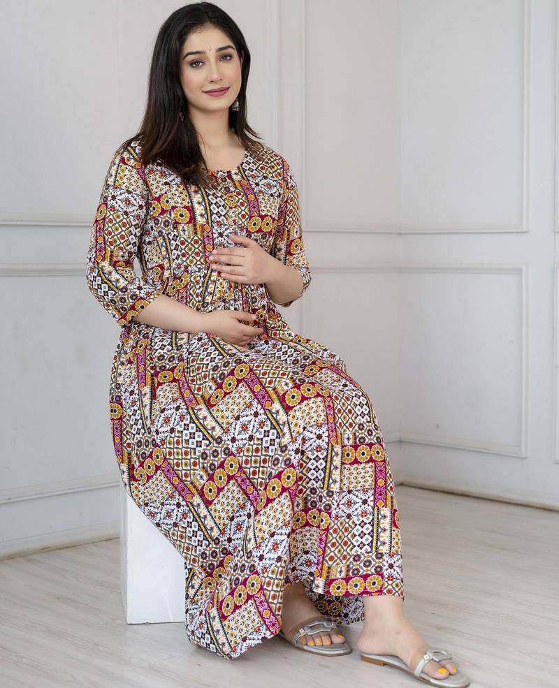 Multicolor viscose rayon printed maternity dress for women