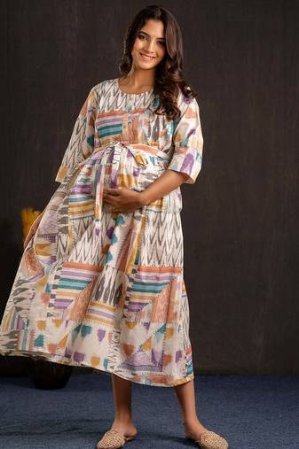 Multicolor cotton printed maternity dress for women