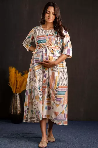 Multicolor cotton printed maternity dress for women