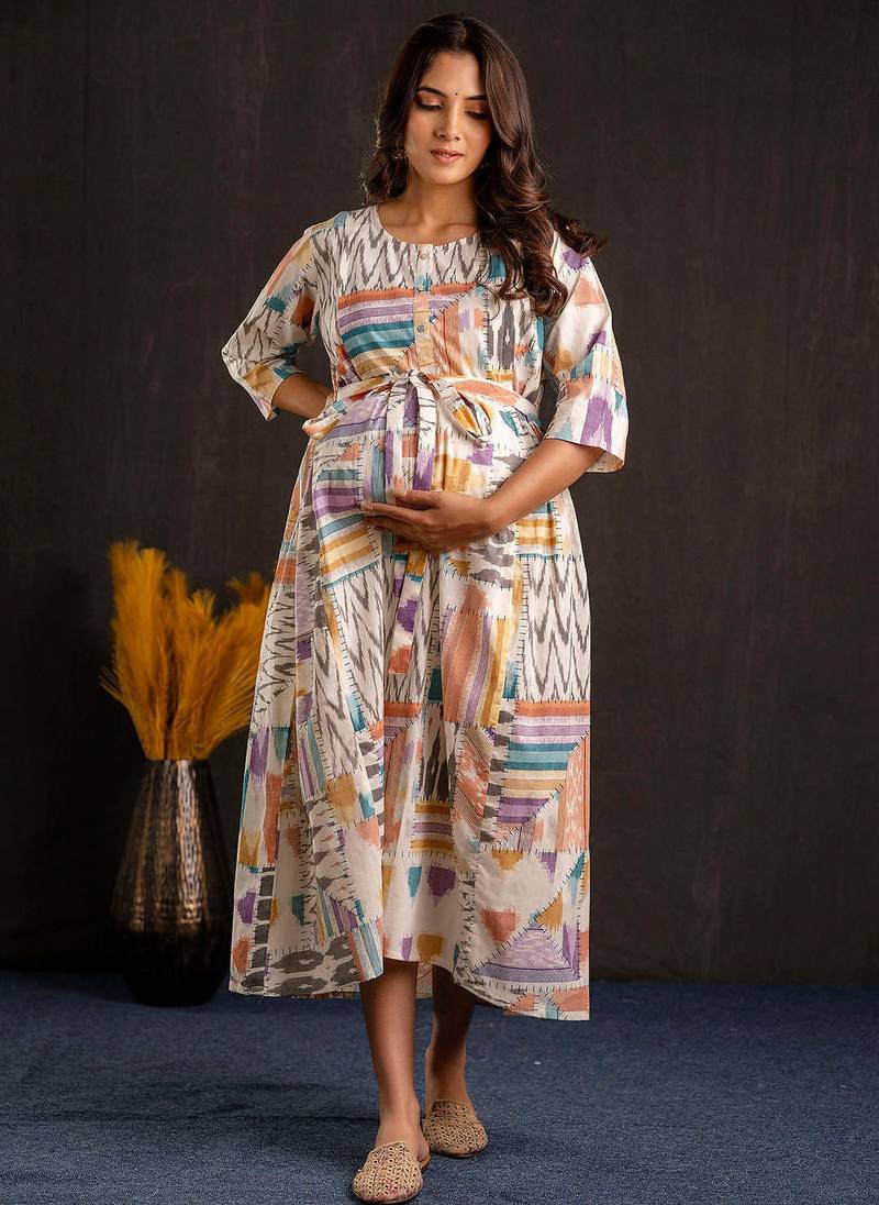 Multicolor cotton printed maternity dress for women