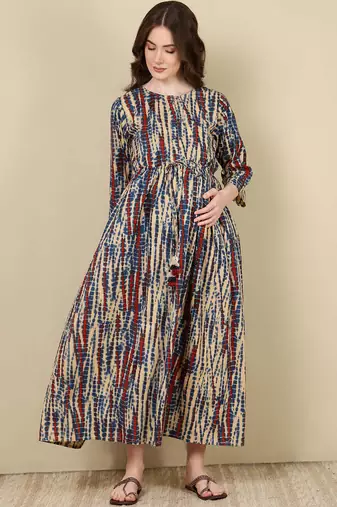 Multicolor cotton printed maternity dress for women