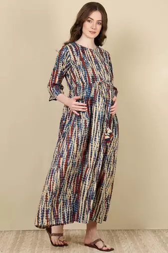 Multicolor cotton printed maternity dress for women