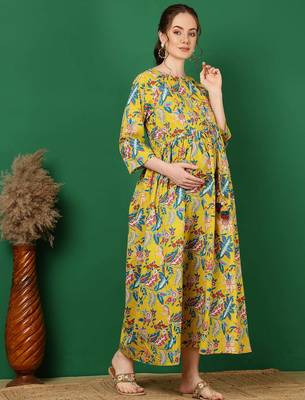 Yellow cotton printed maternity dress for women 1