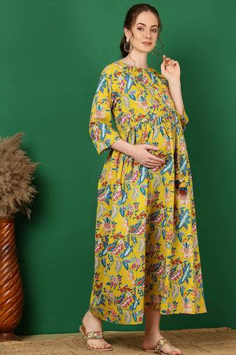 Yellow cotton printed maternity dress for women