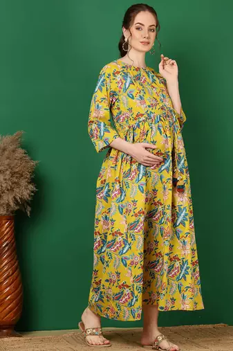 Yellow cotton printed maternity dress for women