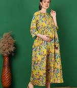 Yellow cotton printed maternity dress for women