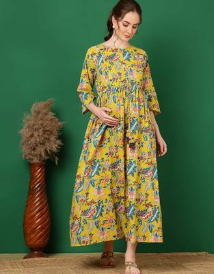 Yellow cotton printed maternity dress for women 2