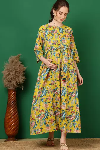 Yellow cotton printed maternity dress for women