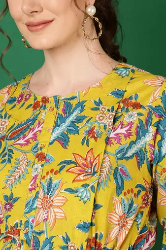 Yellow cotton printed maternity dress for women