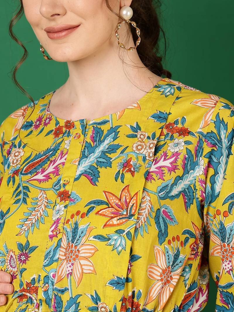 Yellow cotton printed maternity dress for women
