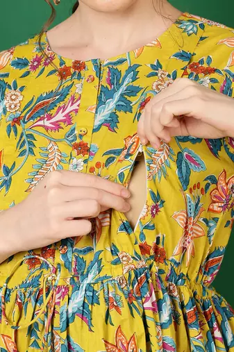 Yellow cotton printed maternity dress for women