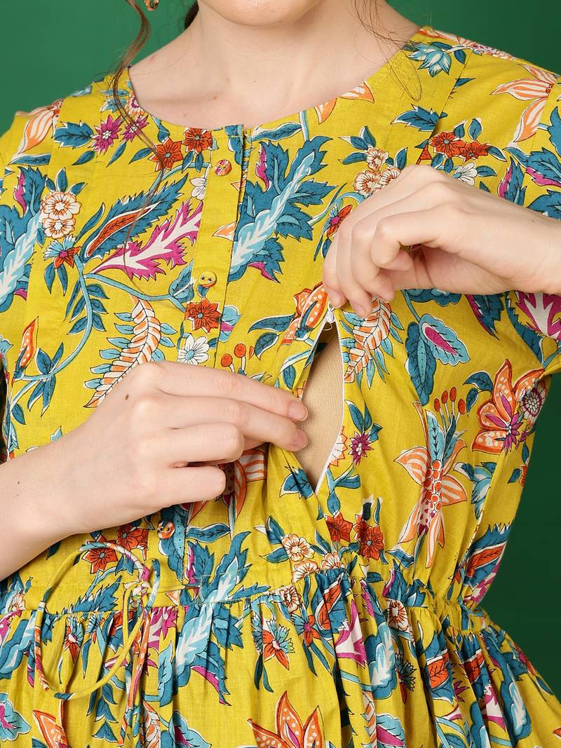 Yellow cotton printed maternity dress for women