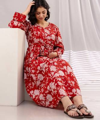 Yellow cotton printed maternity dress for women 5