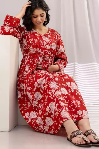 Yellow cotton printed maternity dress for women