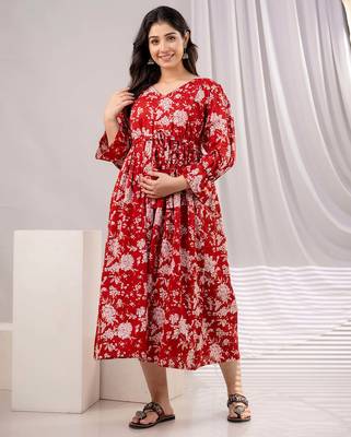 Red cotton printed maternity dress for women 1
