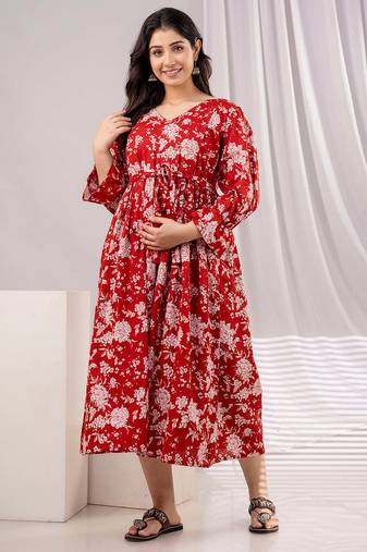 Red cotton printed maternity dress for women