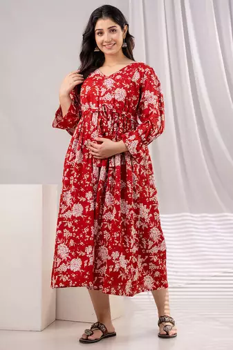 Red cotton printed maternity dress for women