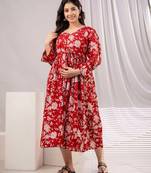 Red cotton printed maternity dress for women