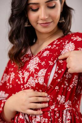 Red cotton printed maternity dress for women 2