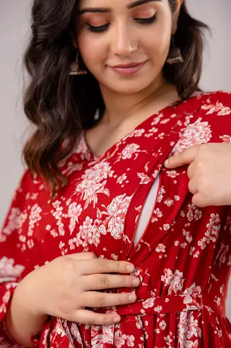 Red cotton printed maternity dress for women