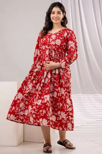 Red cotton printed maternity dress for women