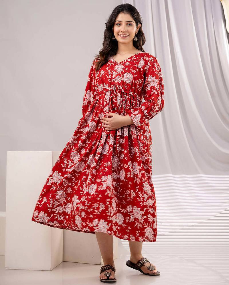 Red cotton printed maternity dress for women