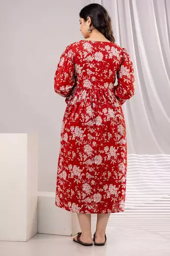 Red cotton printed maternity dress for women