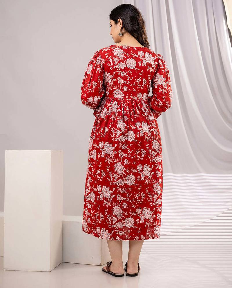 Red cotton printed maternity dress for women