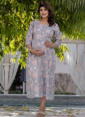 Grey cotton printed maternity dress for women 1