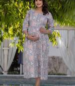 Grey cotton printed maternity dress for women