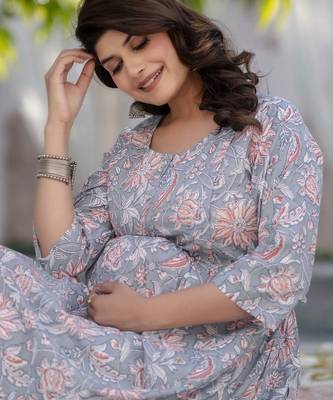 Grey cotton printed maternity dress for women 2