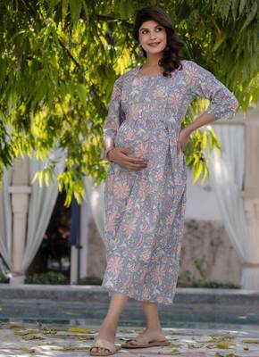 Grey cotton printed maternity dress for women 3