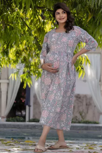 Grey cotton printed maternity dress for women