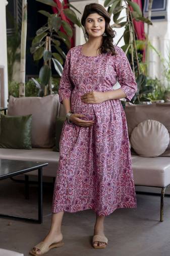 Lavender cotton printed maternity dress for women