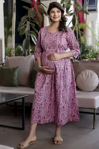 Lavender cotton printed maternity dress for women