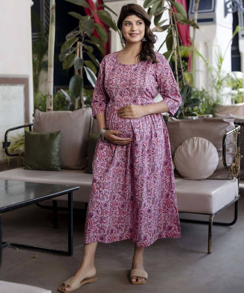 Lavender cotton printed maternity dress for women