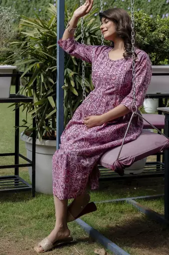 Lavender cotton printed maternity dress for women