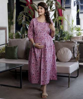 Lavender cotton printed maternity dress for women 4