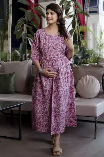 Lavender cotton printed maternity dress for women