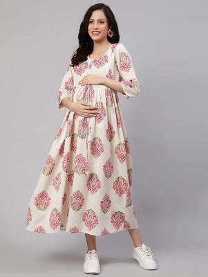 Off white cotton printed maternity dress for women 1