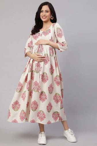 Off white cotton printed maternity dress for women