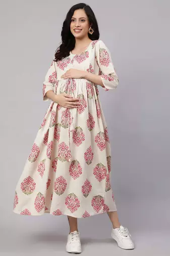 Off white cotton printed maternity dress for women