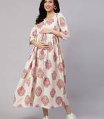 Off white cotton printed maternity dress for women